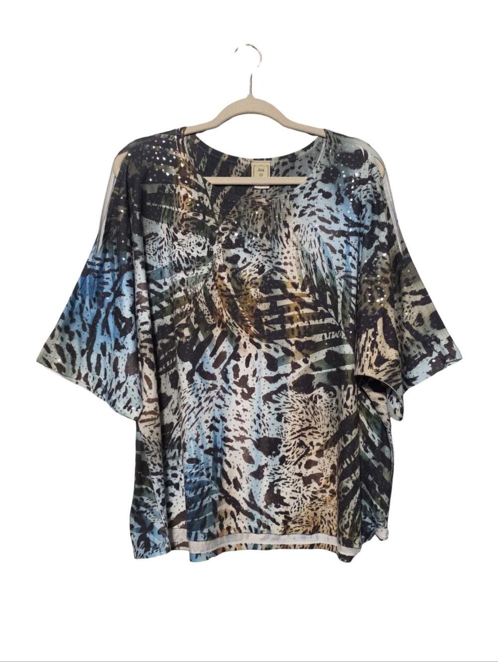 JESS & JANE Blouse Women's Plus 2X Blue Animal Print Cold Shoulder Rhinestones - Picture 2 of 9